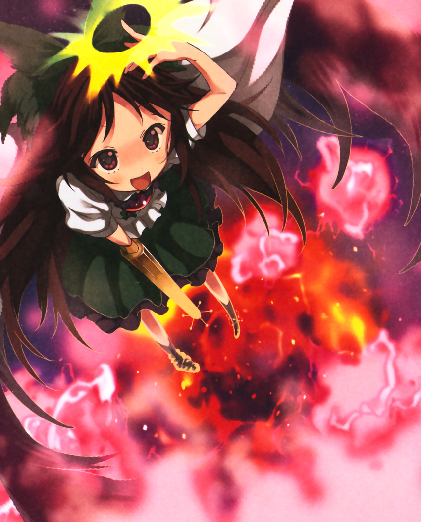 absurdres arm_cannon black_wings bow brown_eyes brown_hair cape eyes fire from_above hair_bow highres long_hair moriki_takeshi official_art reiuji_utsuho skirt smile solo touhou weapon wings