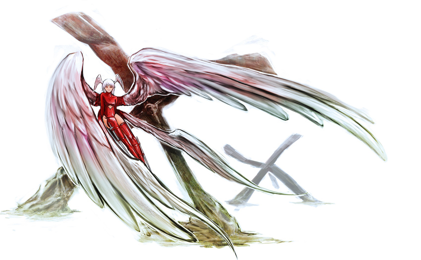 angel_wings bad_id bad_pixiv_id bangs boots breasts expressionless final_fantasy final_fantasy_tactics full_body head_wings highres holster leotard long_hair looking_at_viewer low_wings multiple_wings red_eyes red_footwear red_legwear sitting small_breasts solo suzume_yuu sword thigh_boots thigh_holster thigh_strap thighhighs turtleneck ultima_(fft) weapon white_hair white_wings wings