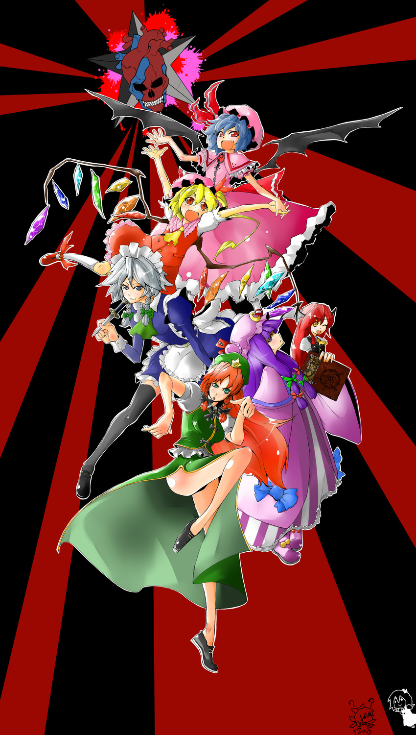 absurdres bat_wings blonde_hair blue_eyes blue_hair book braid china_dress chinese_clothes cirno dress flandre_scarlet green_eyes hat head_wings highres hokuto_(scichil) hong_meiling izayoi_sakuya knife koakuma long_hair maid multiple_girls patchouli_knowledge ponytail purple_eyes purple_hair red_eyes red_hair remilia_scarlet rumia short_hair side_ponytail silver_hair the_embodiment_of_scarlet_devil touhou twin_braids wings
