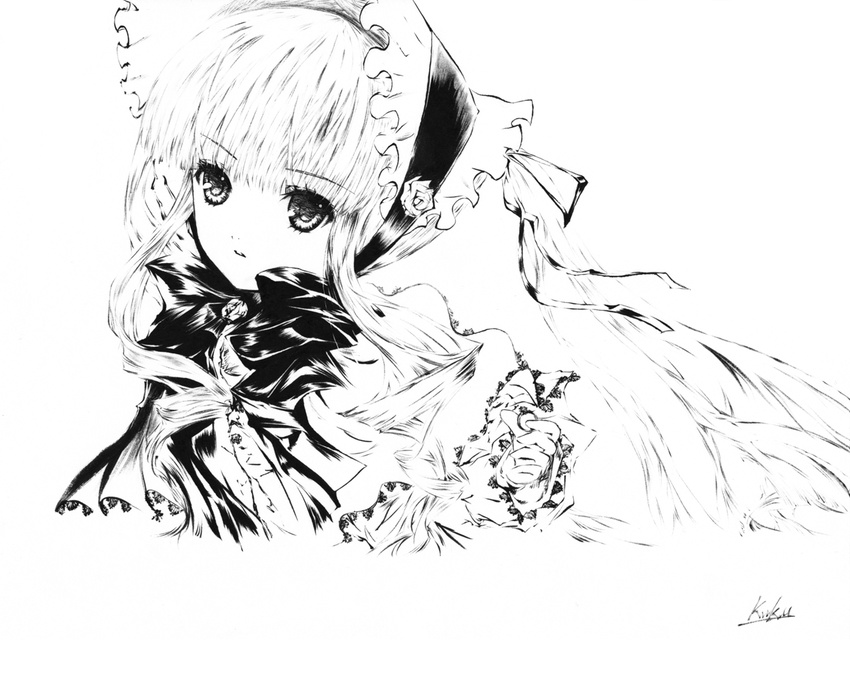 bad_id bad_pixiv_id greyscale kawanakajima long_hair monochrome peach-pit rozen_maiden shinku solo traditional_media wallpaper