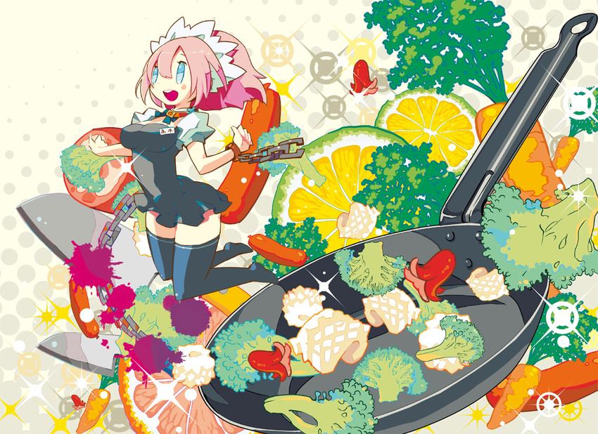 black_legwear blue_eyes blush_stickers borrowed_character broccoli carrot chain dress food fruit frying_pan gin_(oyoyo) lemon maid maid_headdress meat original pink_hair solo takagi_(tansuke) thighhighs vegetable zettai_ryouiki