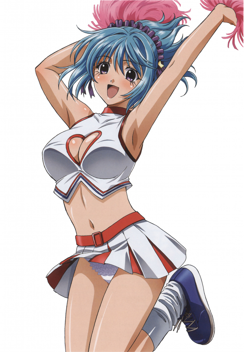 armpits artist_request blue_hair blush breasts cheerleader cleavage cleavage_cutout heart heart_cutout highres jumping kurono_kurumu large_breasts midriff miniskirt navel panties pantyshot pom_poms purple_eyes rosario+vampire short_hair skirt smile solo underwear