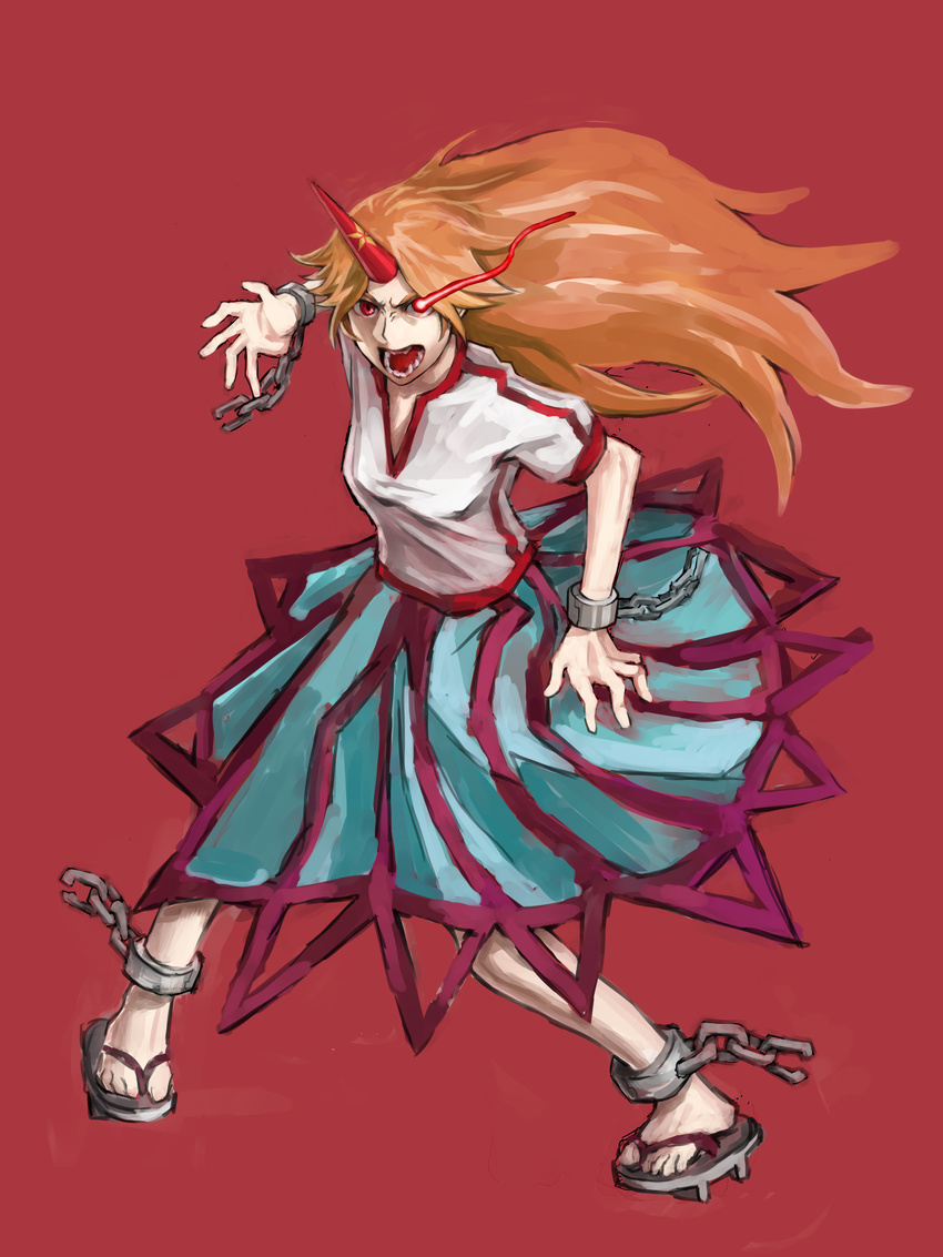 absurdres angry chain cuffs geta glowing glowing_eyes highres horn hoshiguma_yuugi ichimi_tougarashi long_hair oni orange_hair skirt solo touhou