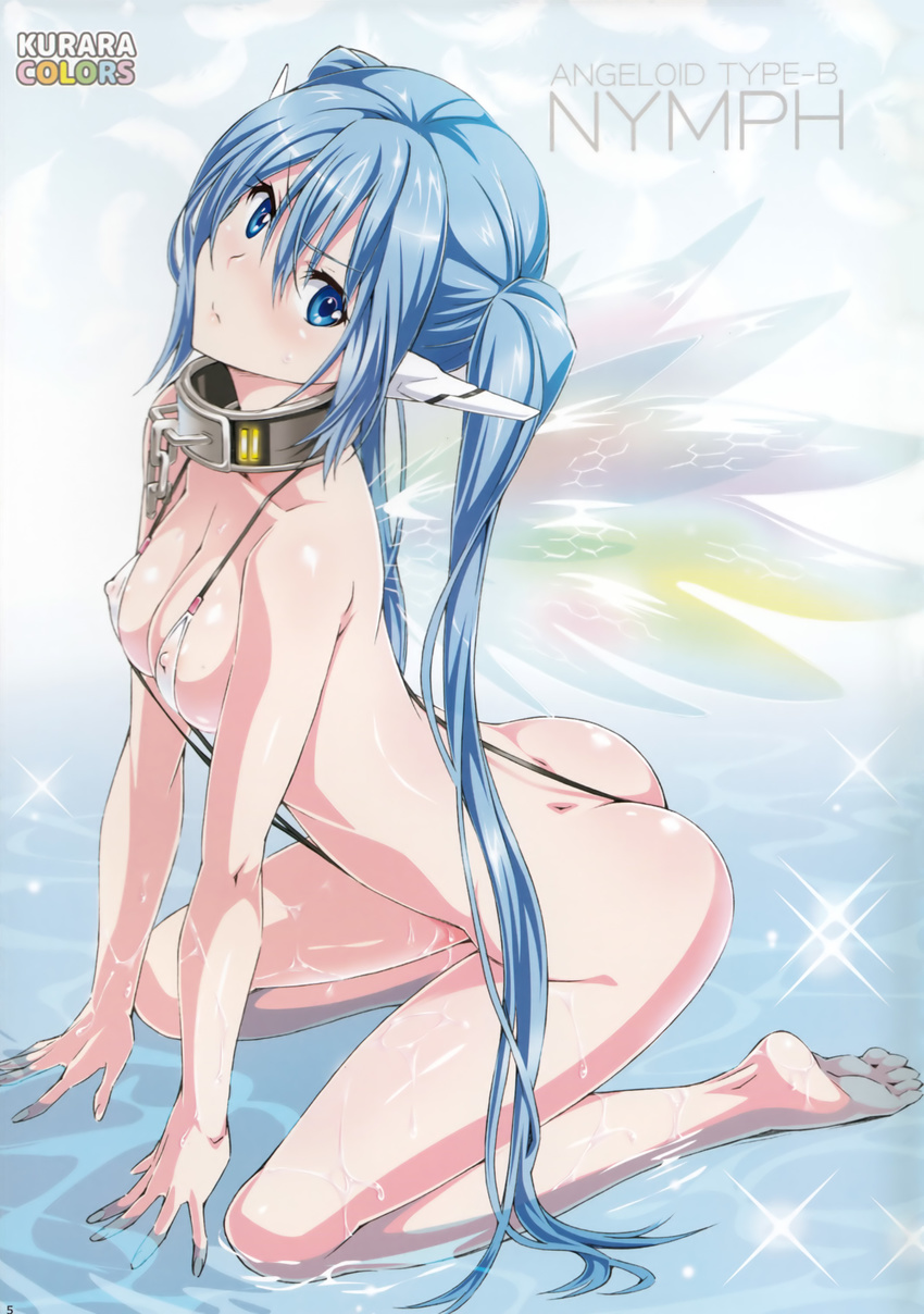 absurdres ass barefoot blue_eyes blue_hair blush breasts collar covered_nipples dimples_of_venus english highres kneeling long_hair looking_at_viewer medium_breasts nymph_(sora_no_otoshimono) partially_submerged shiny shiny_skin slingshot_swimsuit soles solo sora_no_otoshimono suzutsuki_kurara swimsuit twintails very_long_hair water wet wings