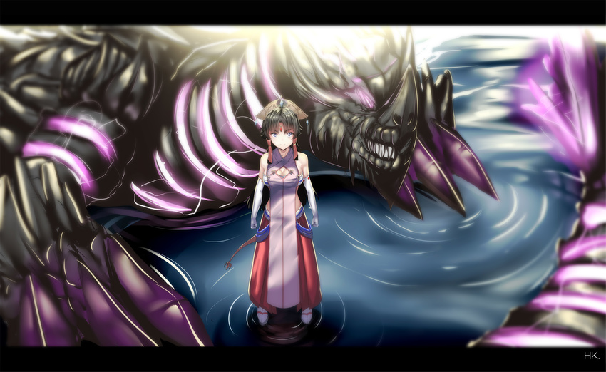 1girl black_hair blue_eyes breasts cleavage cross_ange dragon elbow_gloves from_above gloves hair_ornament highres hk_(zxd0554) looking_at_viewer monster monster_girl sala_(cross_ange) standing tail water