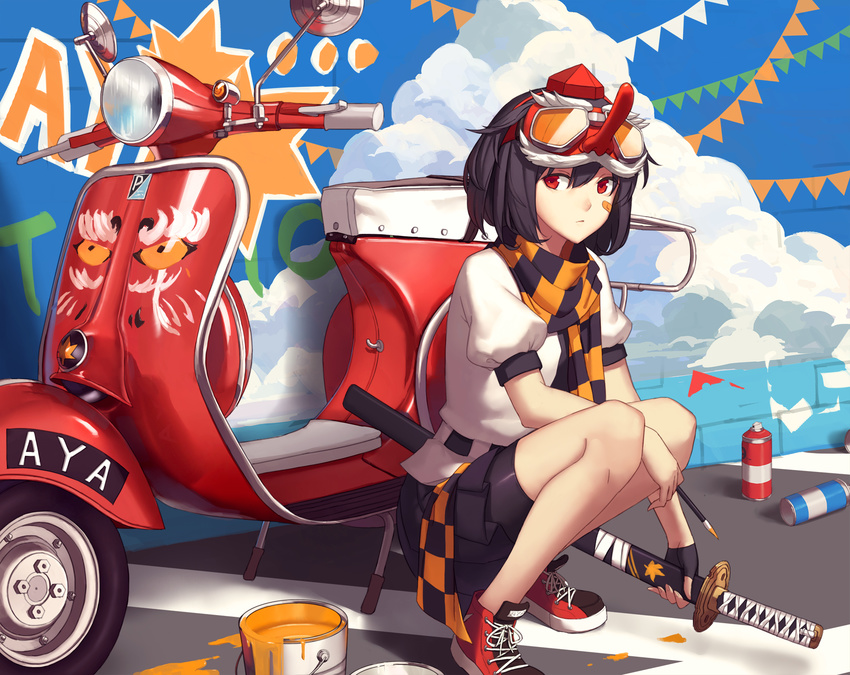 bandaid bandaid_on_face black_hair blue_sky cloud day goggles goggles_on_head hat highres katana llc looking_at_viewer mask paint_can puffy_short_sleeves puffy_sleeves red_eyes shameimaru_aya shirt short_sleeves skirt sky solo spray_paint squatting sword tengu_mask tokin_hat touhou weapon