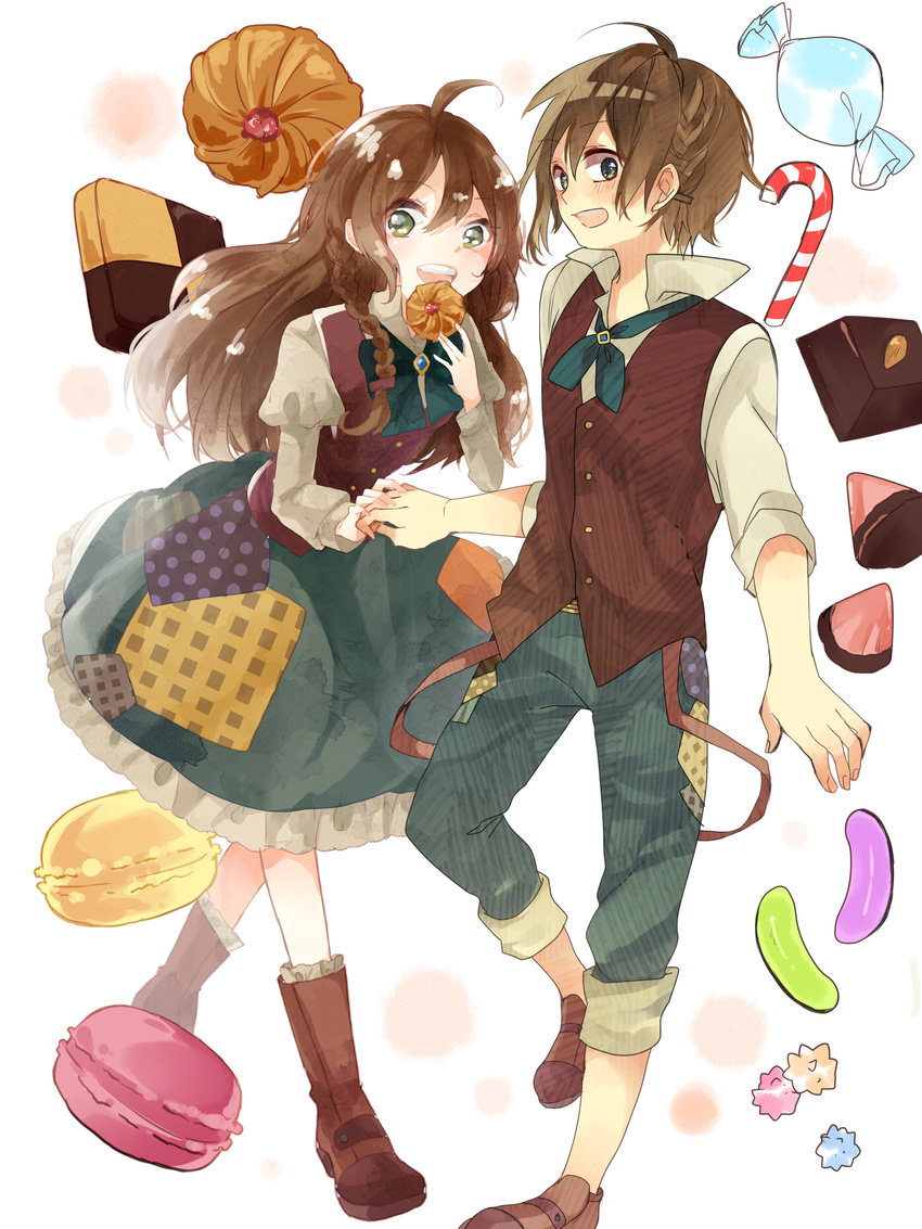 1girl absurdres ahoge apollo_chocolate bad_id bad_pixiv_id blush boots brown_hair candy candy_cane checkerboard_cookie chocolate collaboration cookie dress food gretel_(grimm) grimm's_fairy_tales hansel_(grimm) hansel_and_gretel highres hozumi_rino jelly_bean konpeitou lingmuzi long_hair macaron open_mouth short_hair