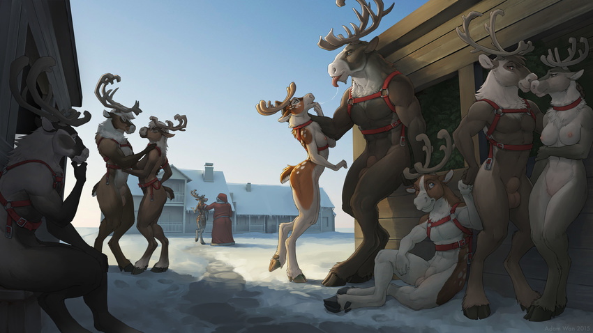 2015 abs adam_wan anthro antlers balls breasts butt cervine christmas female fur group harness hi_res holidays hooves horn house human male mammal muscles nipples pecs reindeer rudolph saliva santa_claus sheath snow tongue tongue_out winter