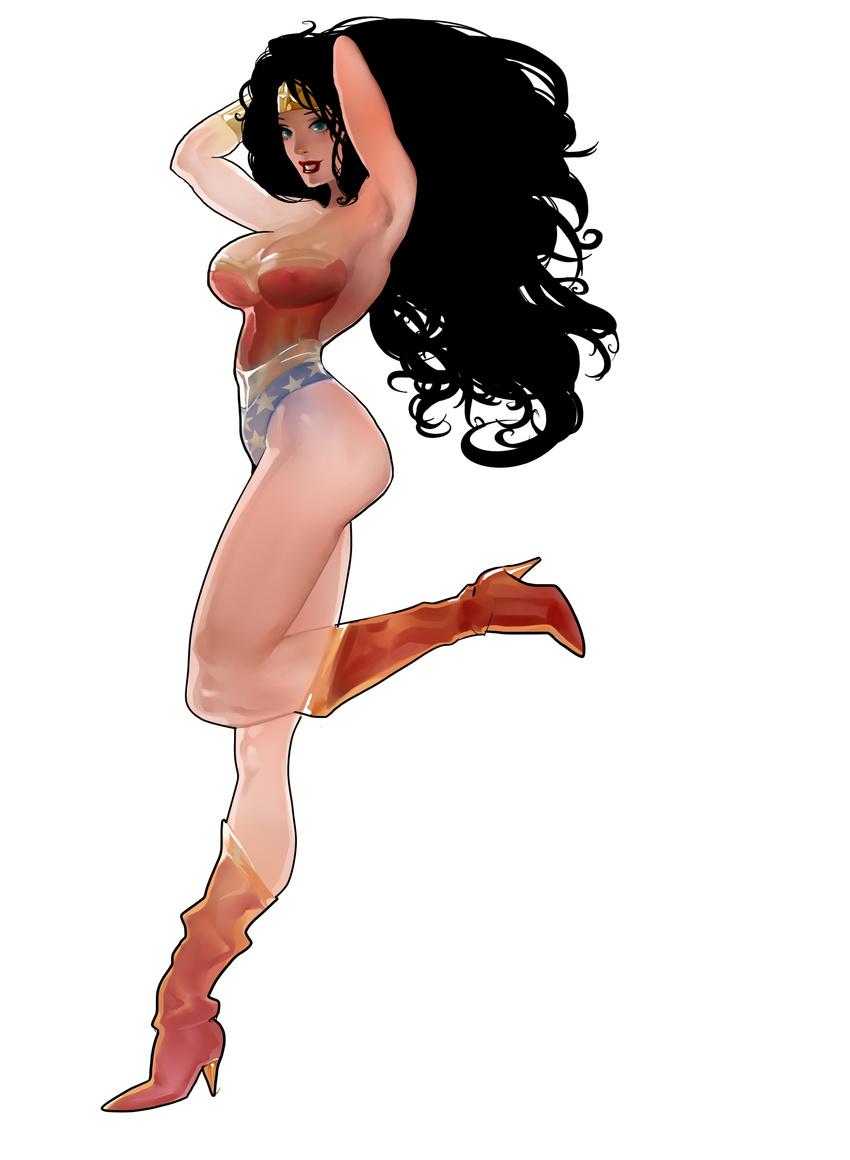 amazon black_hair boots breasts dc_comics full_body high_heel_boots high_heels highres leotard long_hair red_shoes simple_background strapless wonder_woman wonder_woman_(series)