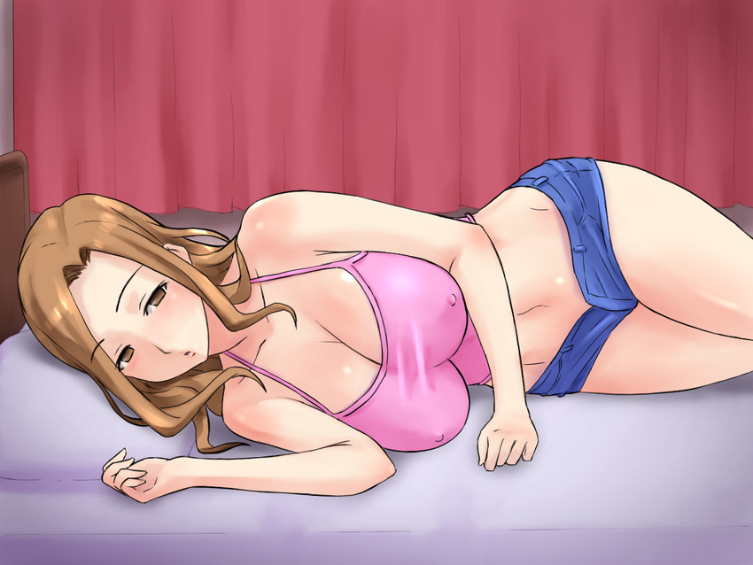 1girl bare_shoulders bed blush breasts brown_eyes brown_hair cleavage erect_nipples highres huge_breasts legs long_hair looking_at_viewer lying navel nightmare_express on_side pillow short_shorts shorts solo thighs