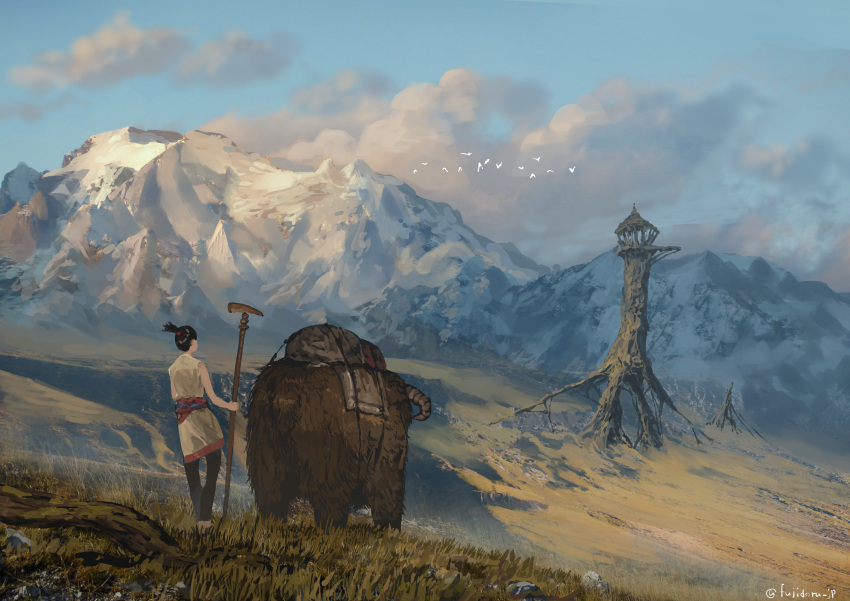 1other absurdres ambiguous_gender animal artist_name black_hair black_pants blue_sky brown_shirt cloud commentary_request day fujidora_jp highres holding mountain original outdoors pants scenery shirt simple_bird sky sleeveless sleeveless_shirt standing tower wide_shot
