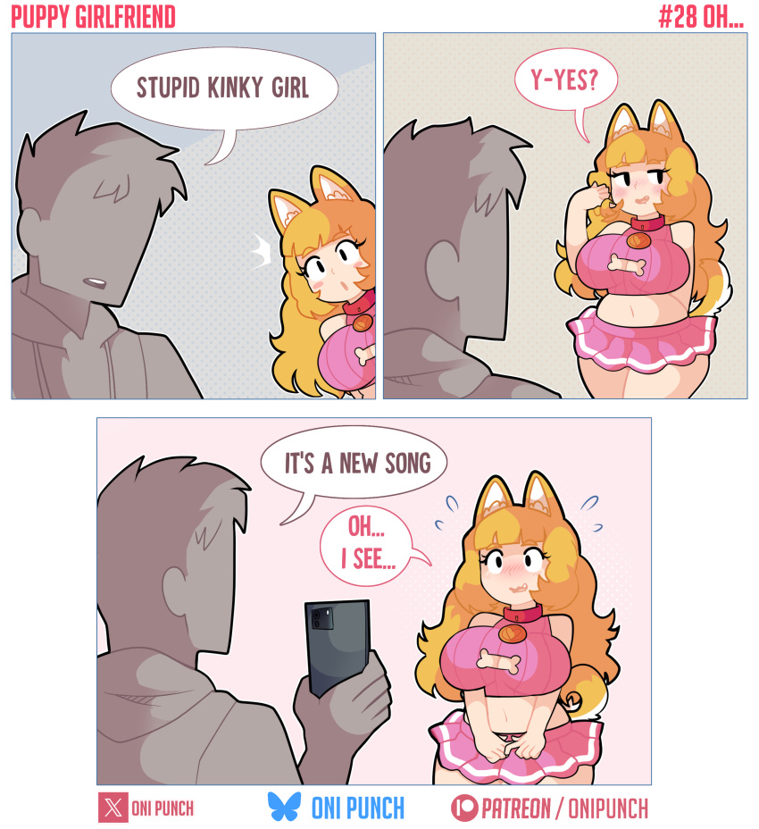 absurd_res animal_humanoid big_breasts blonde_hair bodily_fluids bottomwear breasts canid canid_humanoid canine canine_humanoid clothing comic dog_humanoid duo english_text faceless_character faceless_human faceless_male female flying_sweatdrops hair hi_res human humanoid male mammal mammal_humanoid miniskirt navel onigiri_punch pink_bottomwear pink_clothing pink_skirt raised_tail skirt standing sweat sweatdrop tail text thick_thighs