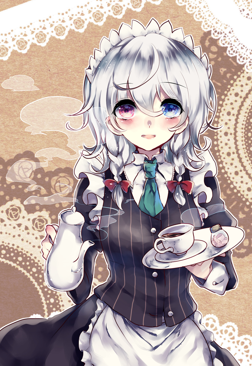 alternate_costume apron bad_id bad_pixiv_id braid cup ginzuki_ringo heterochromia highres izayoi_sakuya juliet_sleeves long_sleeves maid_headdress necktie open_mouth puffy_sleeves shirt silver_hair skirt skirt_set smile solo teacup teapot touhou twin_braids vest waist_apron