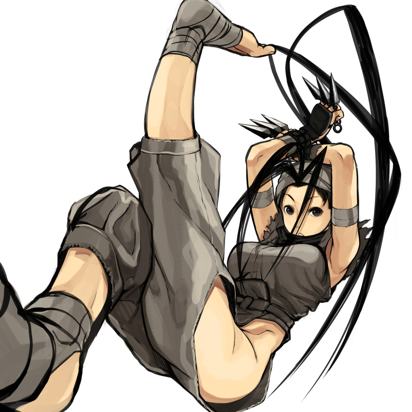 ankle_wrap antenna_hair bandages barefoot between_fingers black_hair breasts dual_wielding fingerless_gloves gloves highres hip_vent holding ibuki_(street_fighter) kunai large_breasts long_hair ninja nishiide_kengorou no_panties solo street_fighter street_fighter_iii_(series) toes very_long_hair weapon