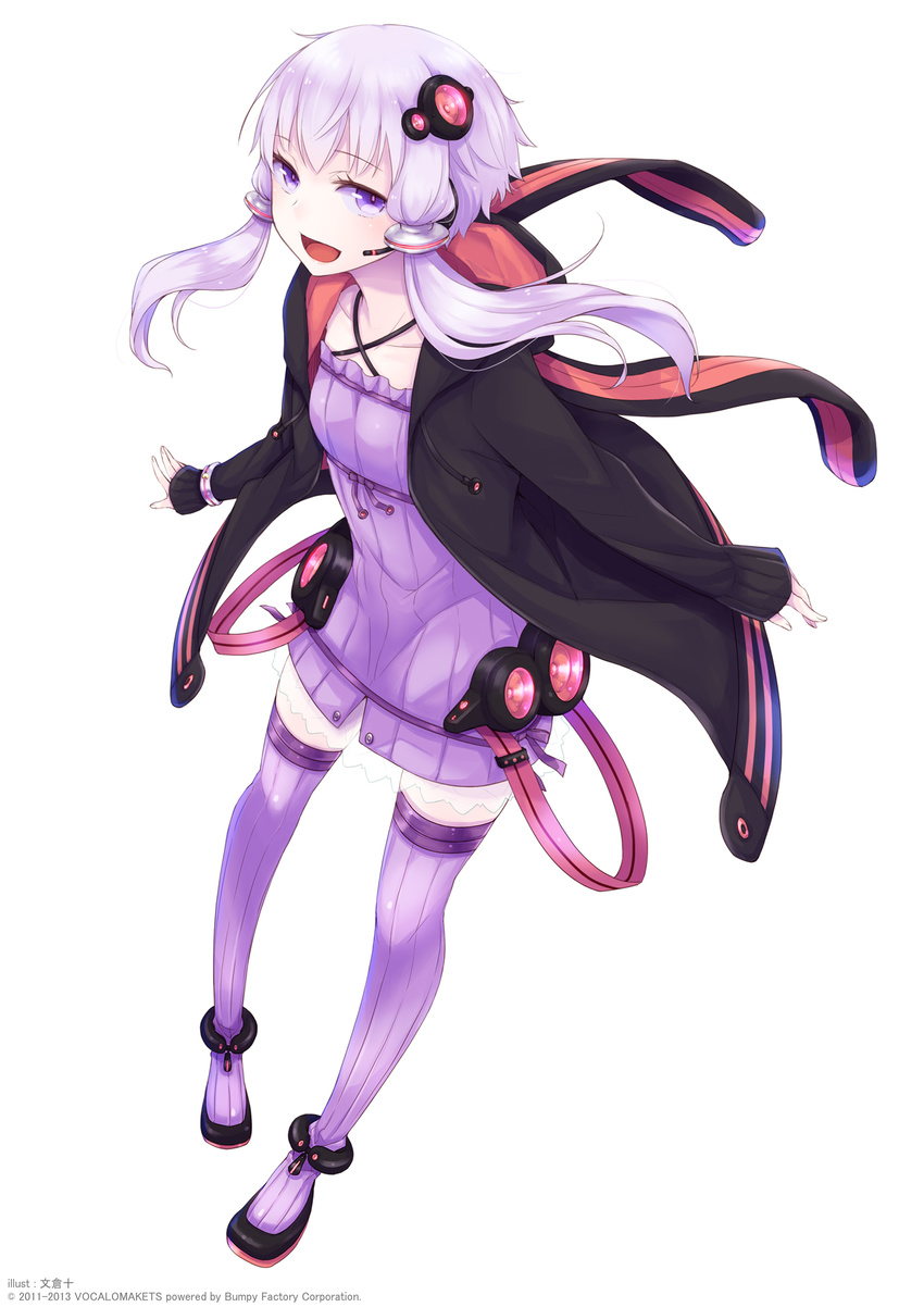 artist_name ayakura_juu bracelet company_name headset highres hood hoodie jewelry official_art open_mouth purple_eyes purple_hair purple_legwear ribbon smile solo thighhighs twintails vocaloid voiceroid yuzuki_yukari yuzuki_yukari_(vocaloid4) zettai_ryouiki