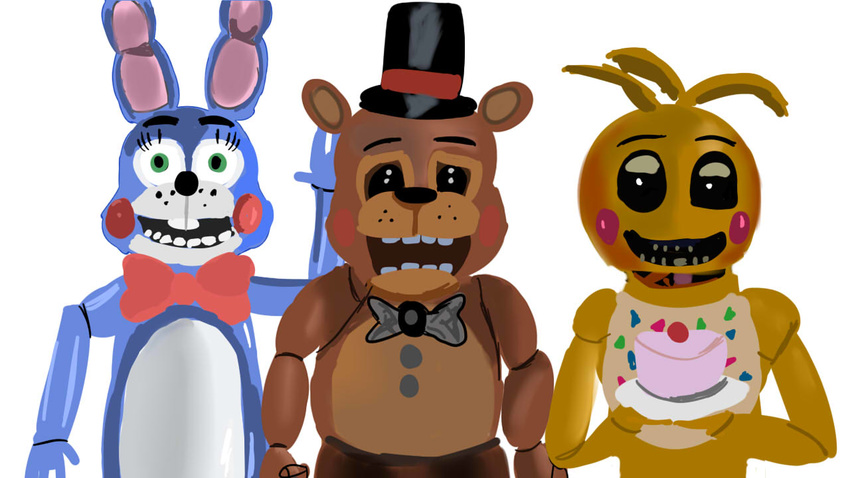 animatronic avian bear bib bird black_eyes black_nose blue_body bow_tie brown_body buckteeth cake chicken clothing eyebrows female five_nights_at_freddy's_2 food freckles freddy's green_eyes group hat jbond looking_at_viewer machine makeup male mammal mechanical nights open_mouth robot teeth top_hat toy_bonnie_(fnaf) toy_chica_(fnaf) toy_freddy_(fnaf) yellow_body