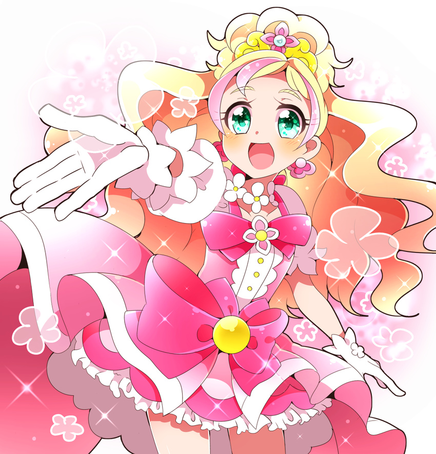 :d blonde_hair bow choker cure_flora gloves go!_princess_precure green_eyes haruno_haruka highres kyapinetzu long_hair magical_girl multicolored_hair open_mouth pink_bow pink_hair precure smile solo two-tone_hair white_gloves