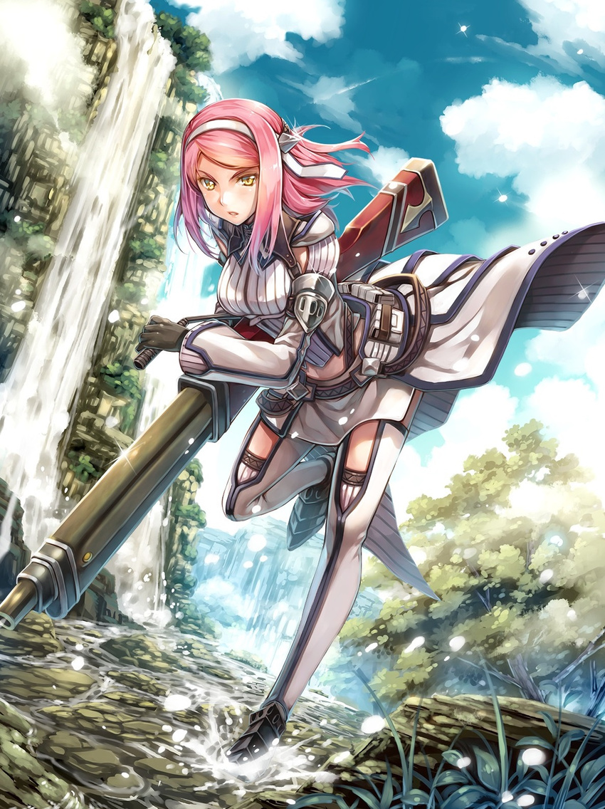 arm_guards armor artist_request bangs belt black_footwear black_gloves blue_sky bowgun breasts character_request charging cliff cloud day dutch_angle fanny_pack full_body gloves gorget grass gun hairband highres holding holding_gun holding_weapon long_sleeves medium_breasts medium_hair miniskirt monster_hunter monster_hunter_mezeporta_kaitaku-ki nature navel parted_lips pink_hair ribbed_shirt ribbed_sleeves running shallow_water shirt skirt sky solo stream swept_bangs thighhighs tree waist_cape water water_drop waterfall weapon white_legwear white_shirt white_skirt yellow_eyes