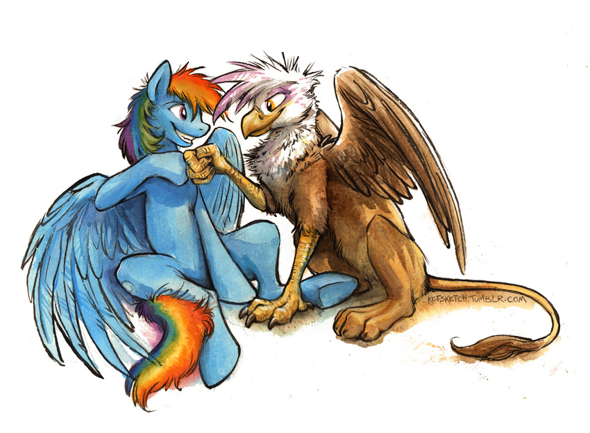 2015 avian beak blue_feathers blue_skin brofist brown_feathers claws duo equine female friendship_is_magic gilda_(mlp) gryphon hair horse kenket mammal multicolored_hair my_little_pony pegasus plain_background pony purple_eyes rainbow_dash_(mlp) rainbow_hair sketch smile teeth white_background white_feathers wings yellow_eyes