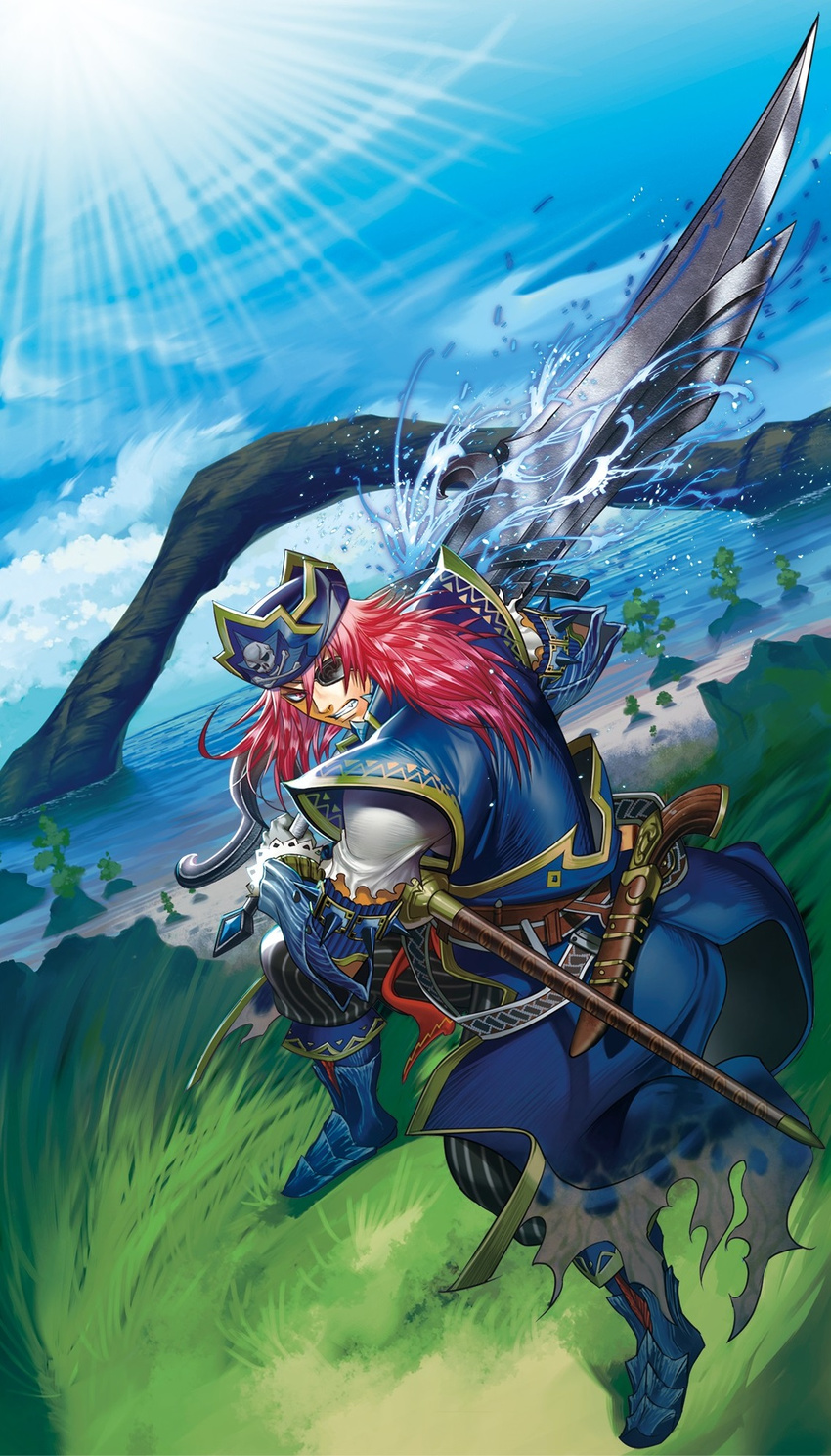 armor eyepatch highres male_focus monster_hunter monster_hunter_mezeporta_kaitaku-ki red_hair solo sword weapon