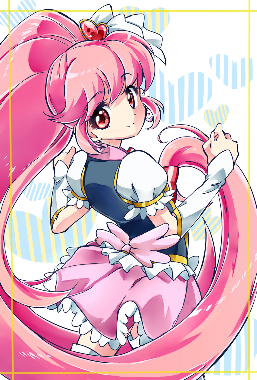 aino_megumi cure_lovely happinesscharge_precure! heart highres long_hair looking_at_viewer looking_back magical_girl mipa_brm pink_eyes pink_hair pink_skirt precure skirt smile solo very_long_hair wide_ponytail