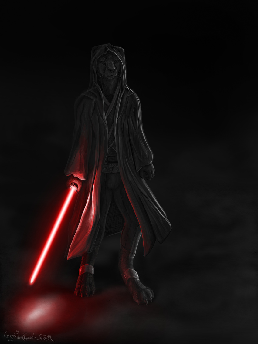 2014 anthro armor black_and_white_and_red bulge cheetah claws clothing cryme_the_cheetah dark digital_media_(artwork) feline gloves greyscale hood khraym lightsaber male mammal monochrome realistic robe sith smoke spot_color standing star_wars weapon whiskers