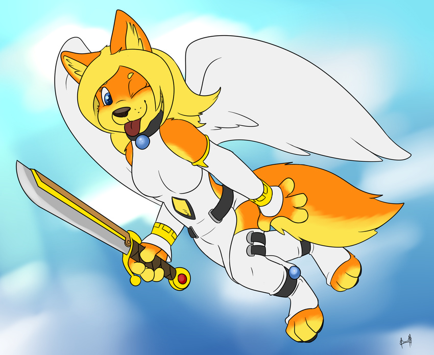 2015 anthro canine collar cyrell dog female flying formal fuzzywuff looking_at_viewer mammal simple_background solo sword tongue tongue_out weapon wings