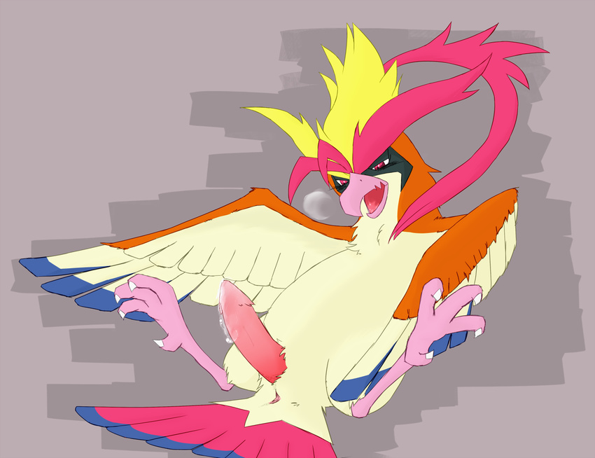 2014 anus avian brown_feathers erection feral half-closed_eyes lying male mega_evolution mega_pidgeot nintendo on_back open_mouth penis pidgeot pok&eacute;mon precum ryloo solo talons tan_feathers video_games wings