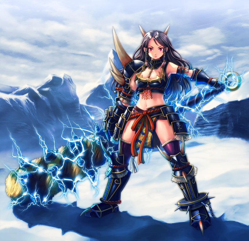 armor black_hair greatsword highres horns long_hair monster_hunter monster_hunter_mezeporta_kaitaku-ki mountain red_eyes snow solo weapon