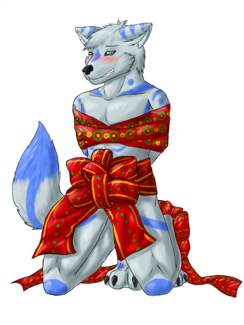 anthro bdsm blush bondage bound bow canine christmas gift grey_sclera holidays howlfei howlfeiwolf kneeling looking_at_viewer male mammal nude ribbons solo wolf