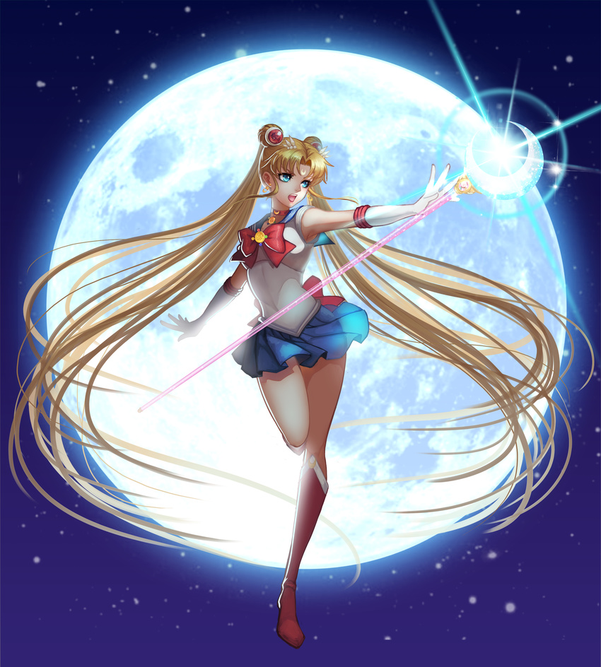 :o absurdly_long_hair absurdres bishoujo_senshi_sailor_moon bishoujo_senshi_sailor_moon_crystal blonde_hair blue_eyes blue_sailor_collar blue_skirt boots bow brooch choker crescent_moon double_bun douyougen earrings elbow_gloves facial_mark forehead_mark full_body full_moon gloves hair_ornament hairclip highres holding holding_staff jewelry knee_boots long_hair magical_girl miniskirt moon moon_stick outstretched_arms red_bow red_choker red_footwear sailor_collar sailor_moon sailor_senshi_uniform serious skirt solo spread_arms staff standing standing_on_one_leg tsukino_usagi twintails v-shaped_eyebrows very_long_hair white_gloves