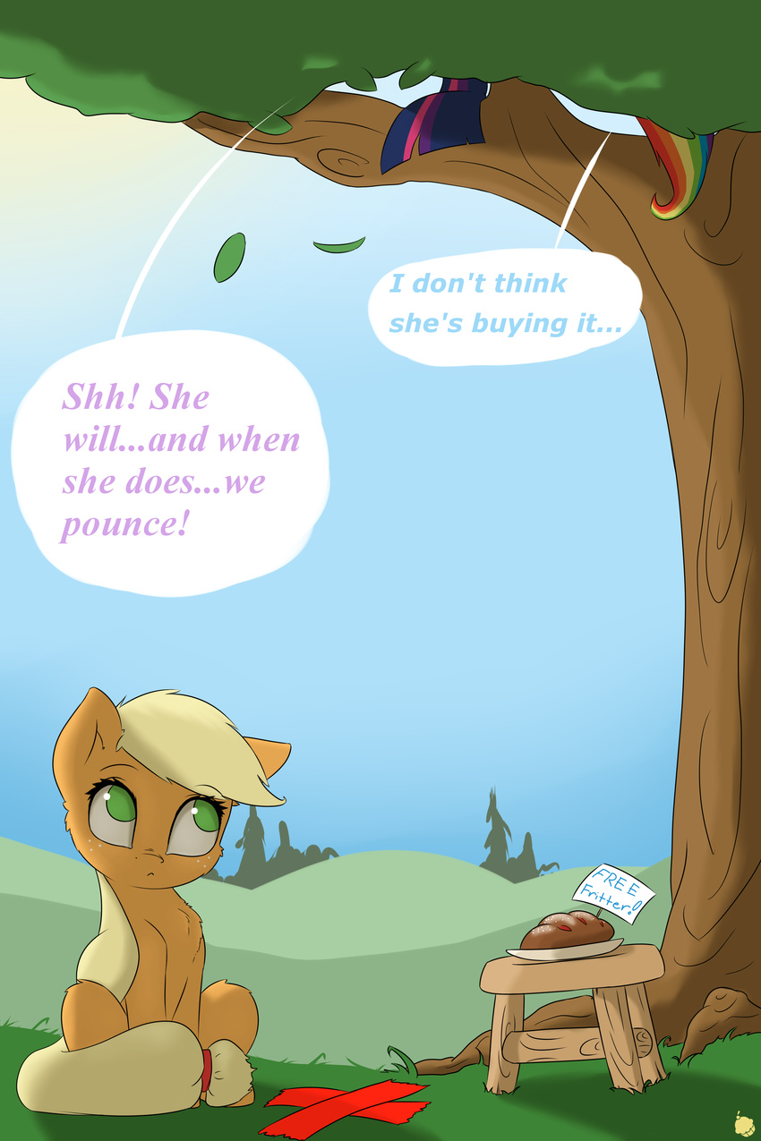 2015 apple_fritter applejack_(mlp) blonde_hair captainpudgemuffin cute dialogue earth_pony english_text equine female feral food freckles friendship_is_magic green_eyes hair horse mammal multicolored_hair my_little_pony outside pony ponytail purple_hair rainbow_dash_(mlp) rainbow_hair stool text trap tree twilight_sparkle_(mlp) x young