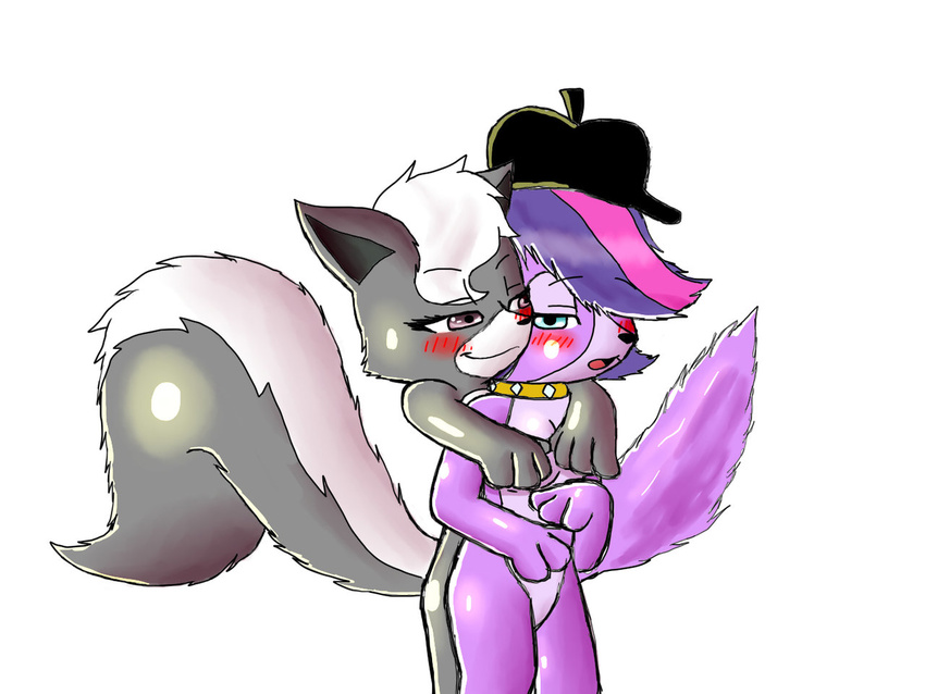 anthro blue_eyes blush breasts canine collar duo female from_behind hat lesbian littlest_pet_shop mammal pepper_clark pokecrz skunk zoe_trent