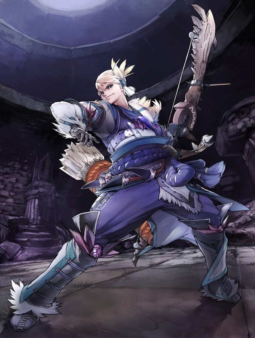 armor arrow bow_(weapon) highres male_focus mizura monster_hunter monster_hunter_mezeporta_kaitaku-ki solo weapon white_hair
