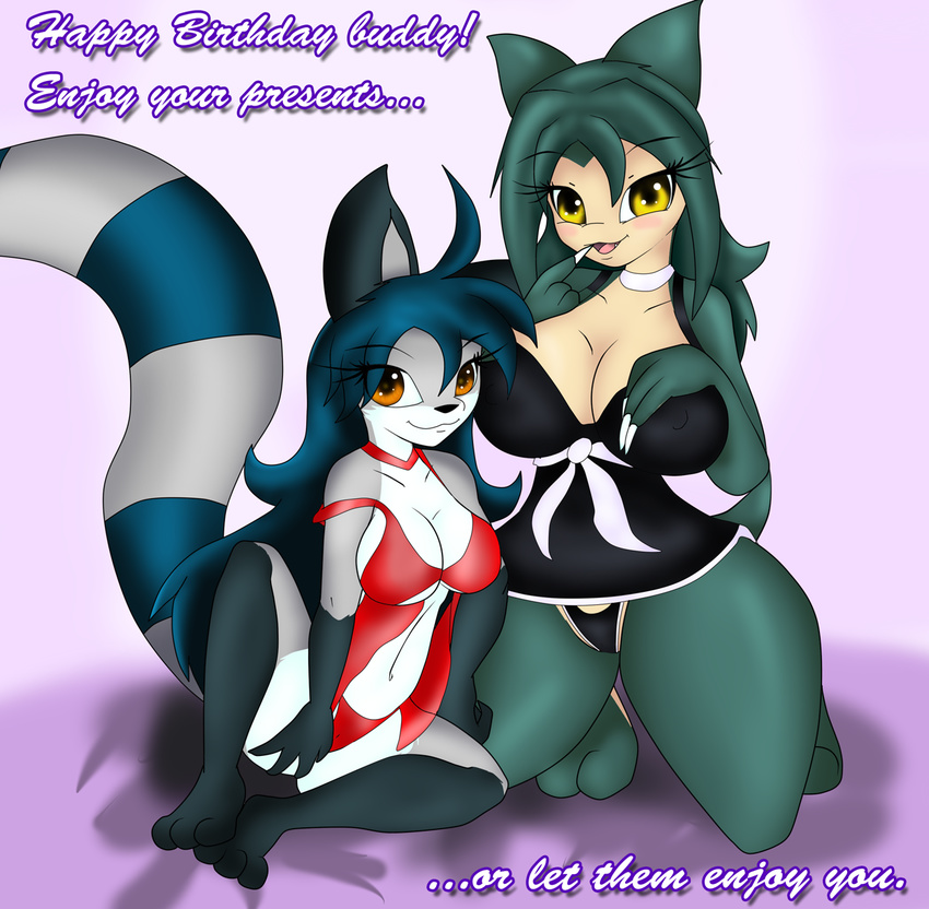 anthro big_breasts birthday blush breasts clothed clothing duo female happy lingerie mammal marc258 nera_abey neronova nina_snorlax nintendo open_mouth panties pok&eacute;mon raccoon skimpy smile snorlax spread_legs spreading text underwear video_games voluptuous wide_hips