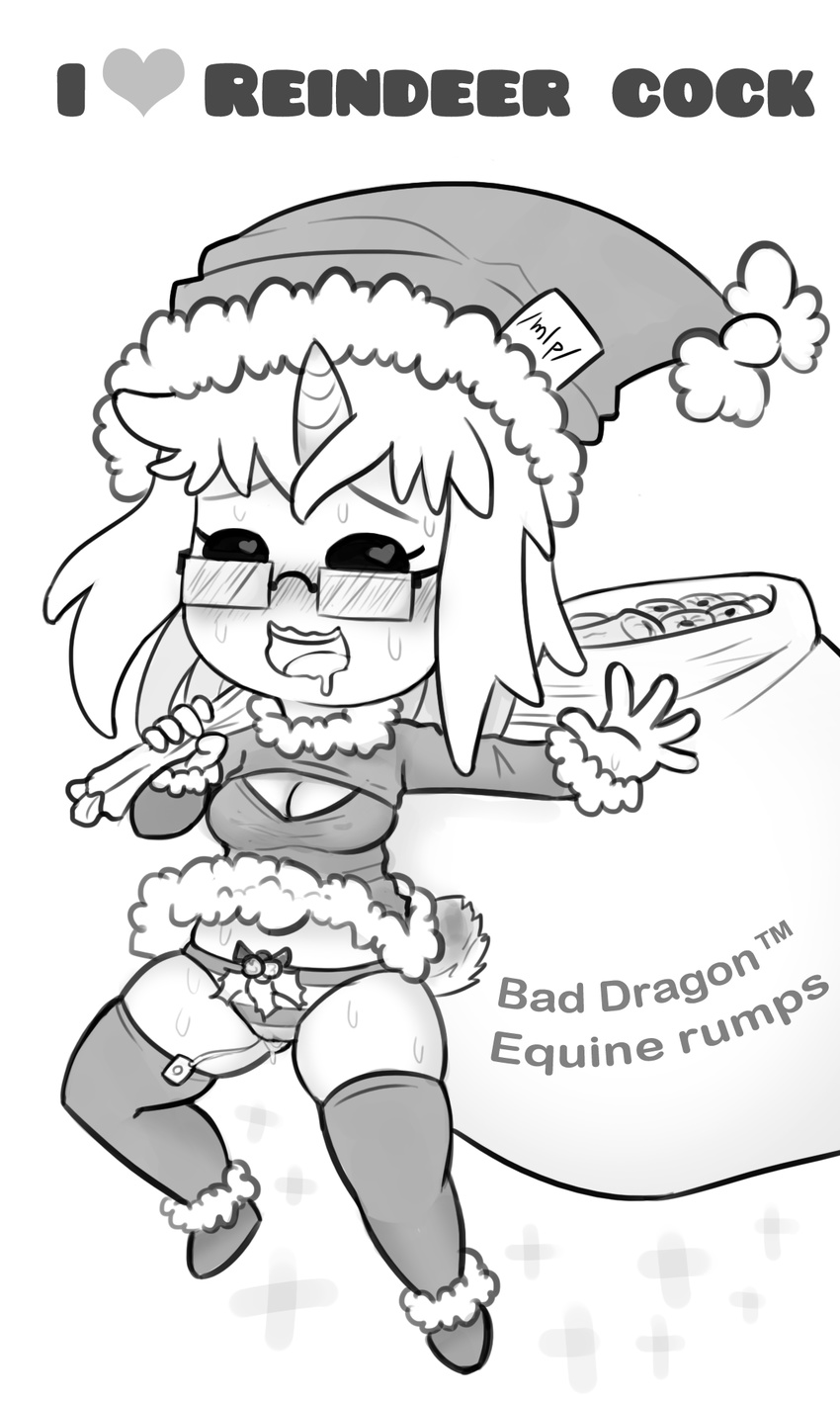 &lt;3 blush christmas cleavage clothed clothing drooling english_text eyewear female glasses hat holidays horn livesmutanon looking_at_viewer mlp-tan monochrome panties pom_hat saliva santa_hat sex_toy solo sweat text thick_thighs underwear vibrator
