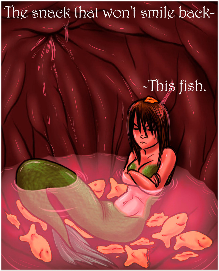 anthro breasts brown_hair english_text eyes_closed female fish_tail food frown green_scales hair internal jessica-rae-3 long_hair marine mermaid soft_vore solo text vore