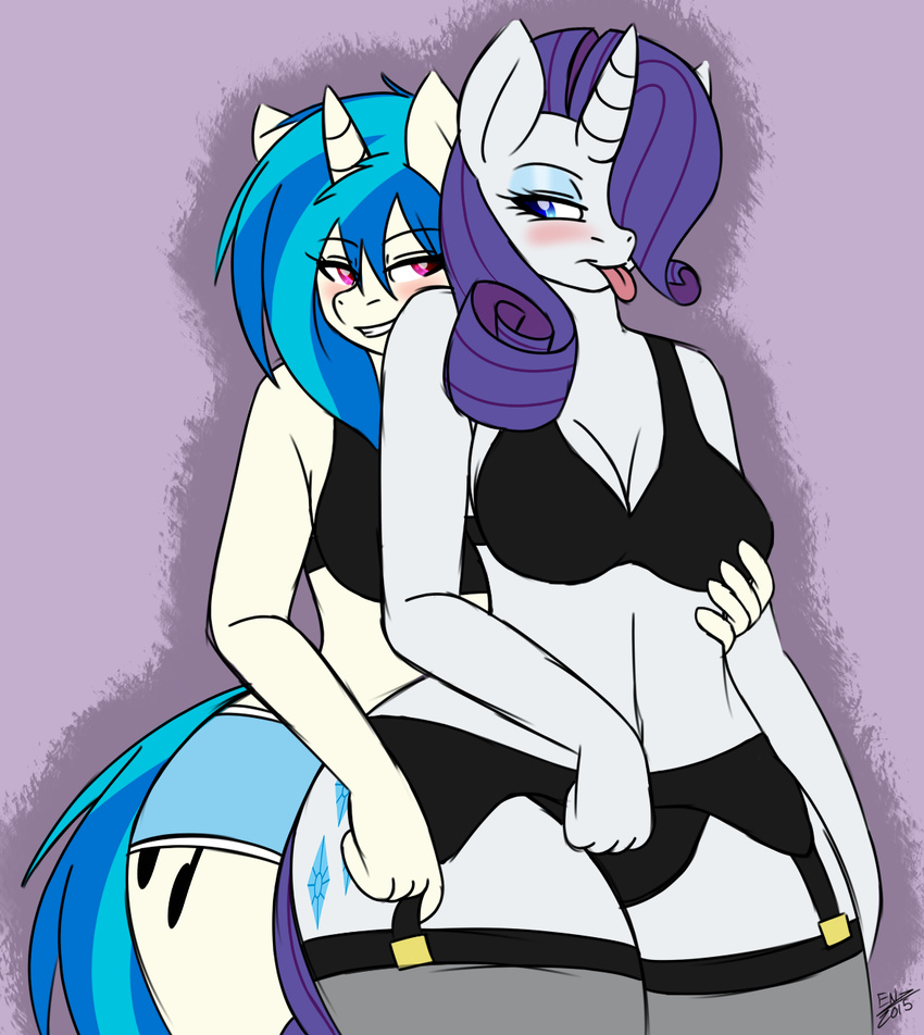 anthro anthrofied bedroom_eyes blue_eyes blue_hair blush breast_grab breasts cleavage clothed clothing digital_media_(artwork) duo ensayne equine female fondling friendship_is_magic fur hair hair_over_eye horn legwear lesbian long_hair mammal my_little_pony navel panties pink_eyes purple_hair rarity_(mlp) smile standing stockings tongue two_tone_hair underwear unicorn vinyl_scratch_(mlp) white_fur