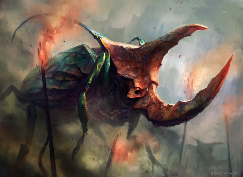 adam_paquette ambiguous_gender arthropod beetle feral insect landscape low-angle_shot macro magic_the_gathering official_art restricted_palette rhinoceros_beetle scarab silhouette smoke solo torch