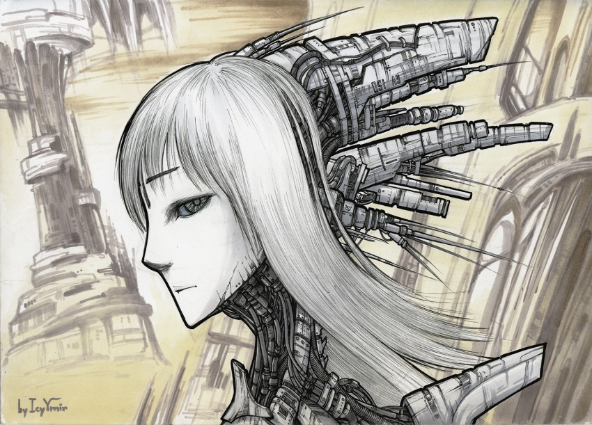 1girl :| artist_name blame! cable cibo closed_mouth colored_skin cross cyborg from_side grey_eyes highres icyymir inverted_cross looking_at_viewer marker_(medium) portrait radio_antenna solo traditional_media white_hair white_skin