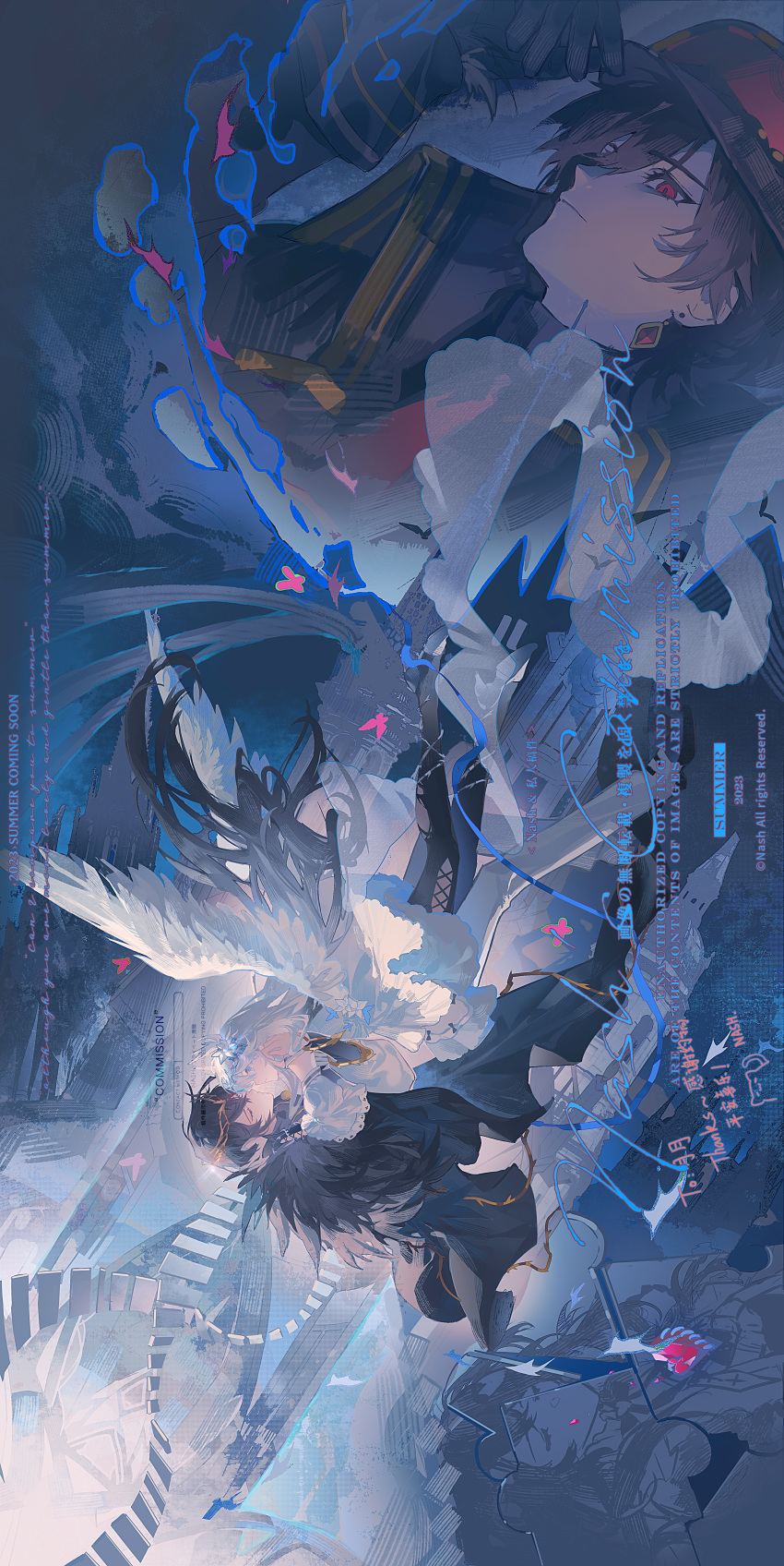 2boys abstract_background absurdres angel_wings ayn_alwyn ayn_alwyn_(infinite_empire) ayn_alwyn_(mist_city) black_arm_warmers black_cape black_coat black_gloves black_hair black_pantyhose black_shoes bug butterfly cape closed_eyes closed_mouth clothing_cutout coat collared_coat commission commissioner_insert couple cross-laced_clothes cross-laced_legwear crown_of_thorns detached_sleeves diamond_earrings dna door dress dual_persona earrings facing_another feathered_wings flower from_side full_body fur-trimmed_cape fur-trimmed_sleeves fur_trim gem gloves gradient_hair hair_between_eyes hair_flower hair_ornament hand_on_another's_head hand_on_another's_shoulder hand_on_headwear hat heart-shaped_gem hetero high_heels highres imminent_kiss jewelry jigsaw_puzzle long_hair long_sleeves looking_at_another looking_at_viewer lovebrush_chronicles mihuashi_commission military_hat military_uniform multicolored_hair multiple_boys multiple_views nash5 necktie oc_x_canon original pants pantyhose parted_lips peaked_cap pink_butterfly pink_gemstone profile puffy_long_sleeves puffy_sleeves puzzle puzzle_piece red_eyes red_hat red_necktie shoes short_dress short_hair side_cape sideways sideways_glance single_earring sleeve_cuffs sleeveless sleeveless_dress sleeves_past_wrists thigh_cutout thorns torn_clothes torn_pantyhose very_long_hair white_dress white_flower white_hair white_pants white_shoes white_wings wings