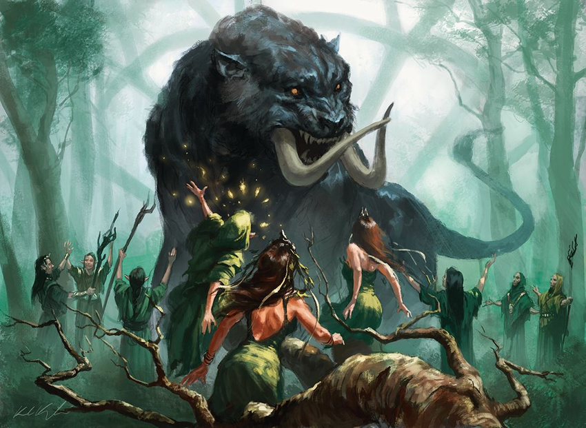 dryad elf female feral forest front_view group humanoid karl_kopinski long_tail macro magic_the_gathering male monster nature official_art outside polearm quadruped rear_view sharp_teeth staff teeth tree trostani tusks weapon