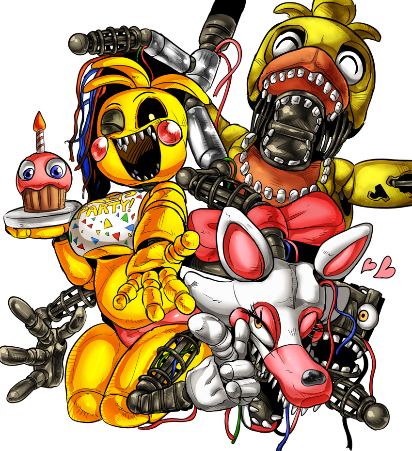 2015 animatronic anthro avian bird canine chica_(fnaf) chicken female five_nights_at_freddy's five_nights_at_freddy's_2 fox group looking_at_viewer machine mammal mangle_(fnaf) mechanical nekubi robot smile toy_chica_(fnaf)