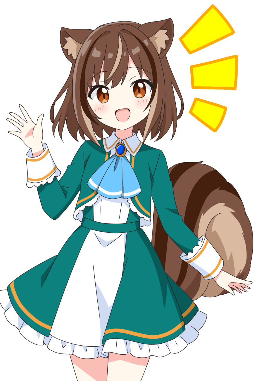 1girl :d animal_ear_fluff animal_ears ascot blue_ascot blush brown_hair commentary_request cowboy_shot dot_nose dress frilled_dress frills green_dress hand_up highres kotatsu-mazoku long_sleeves looking_at_viewer notice_lines open_mouth original short_hair simple_background smile solo squirrel_ears squirrel_girl squirrel_tail tail white_background