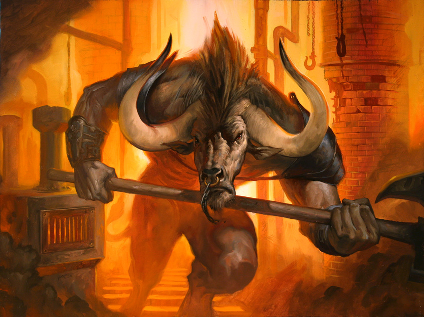 anthro armor battle_axe boiler_room charging facial_piercing front_view holding_weapon hook horn lucas_graciano magic_the_gathering male minotaur nose_piercing nose_ring official_art piercing restricted_palette solo weapon