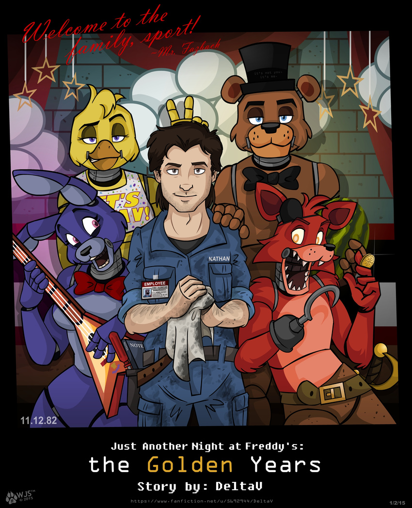 2015 animatronic anthro avian bear bird bonnie_(fnaf) canine chica_(fnaf) chicken female five_nights_at_freddy's fox foxy_(fnaf) freddy_(fnaf) group human lagomorph machine male mammal mechanical phone_guy_(fnaf) rabbit robot watermelon wolfjedisamuel