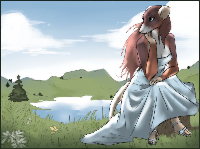 anthro breasts cleavage clothed clothing dress female flower fur hair jinash lake long_hair mammal outside plant rat rodent sky smile solo stump tree water