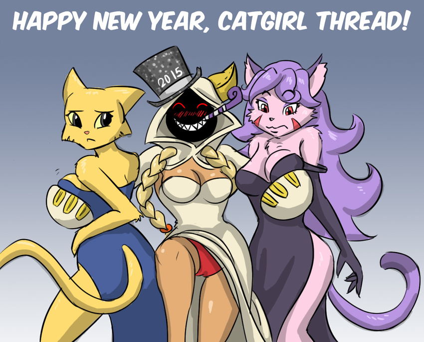 2015 blazblue blush chest_tuft cleavage clothed clothing dress english_text eyes_closed feline female fur gloves green_eyes group hair hoodie katia_managan khajiit mammal op&eacute;ra_kranz prequel purple_hair red_eyes solatorobo taokaka text the_elder_scrolls tuft video_games yellow_sclera