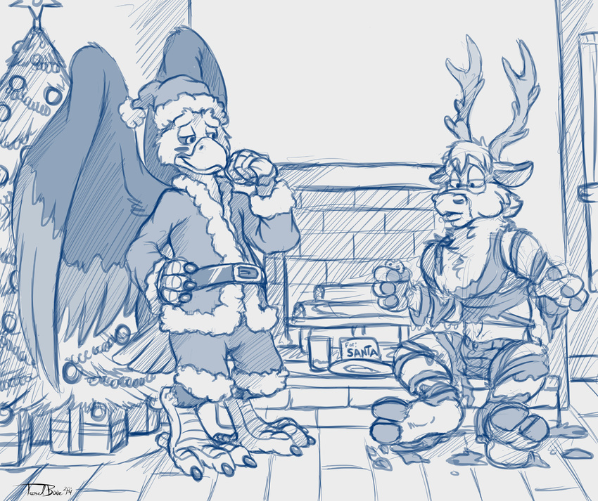 2014 anthro avian bald_eagle bird cervine christmas christmas_tree clothing cup duo eagle fireplace gift holidays male mammal pheagle reindeer teaselbone torn_clothing transformation tree