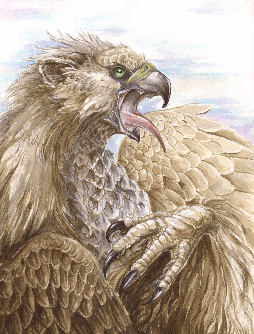 ambiguous_gender avian beak brown_feathers feathered_wings feral green_eyes gryphon nalavara portrait solo talons tongue tongue_out traditional_media_(artwork) watercolor_(artwork) wings